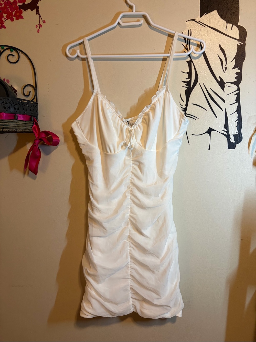 White Ruched Spaghetti-Strap Mini Dress - Picture 4 of 8